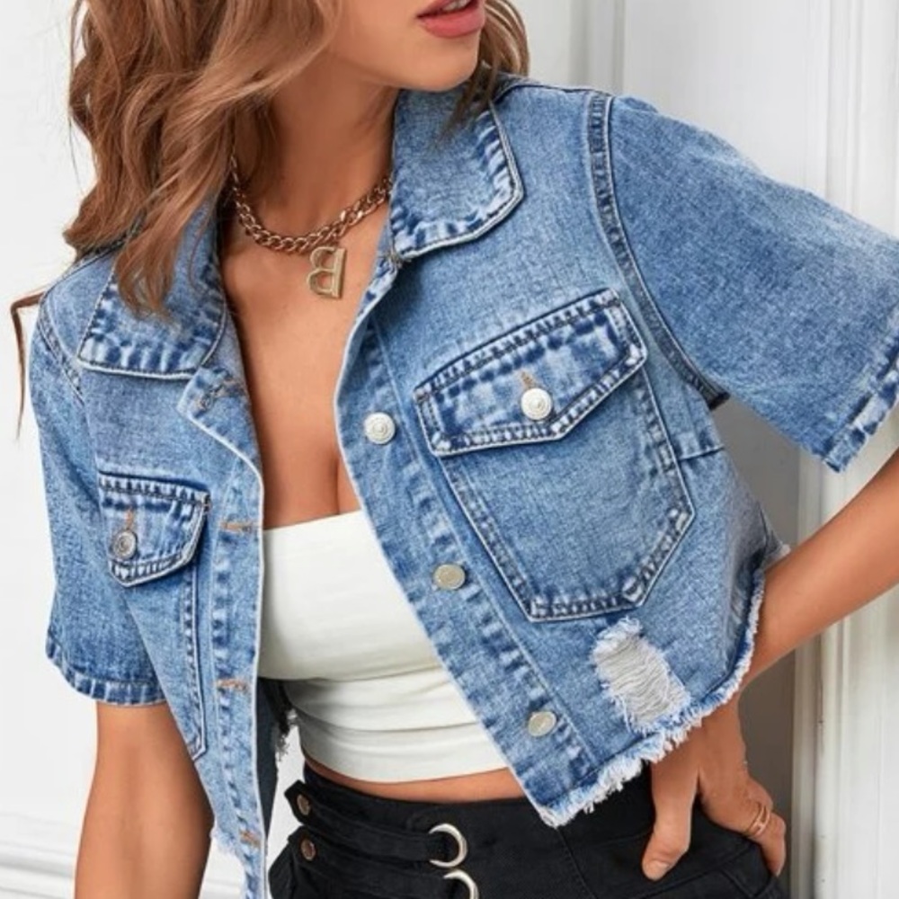 Boho Blue Medium Wash Distressed Ripped Denim Jeans Jacket Shacket - Picture 4 of 14